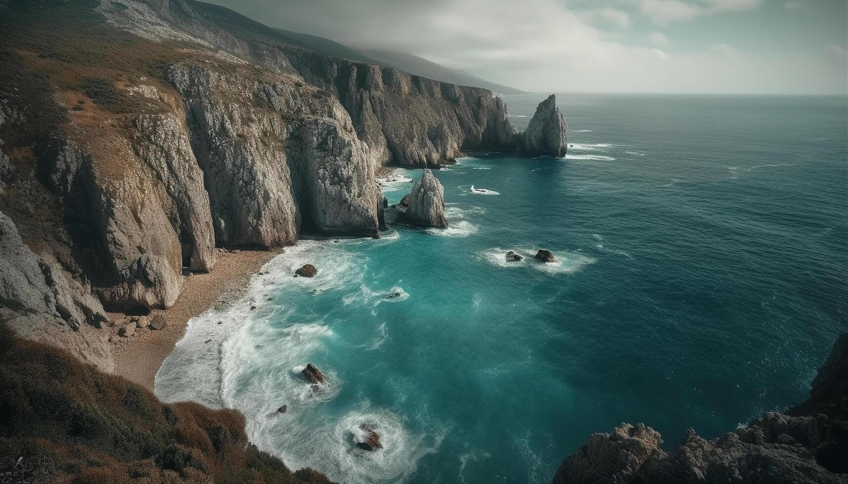 Majestic coastline, eroded cliffs, crashing waves, adventure generated by AI photo