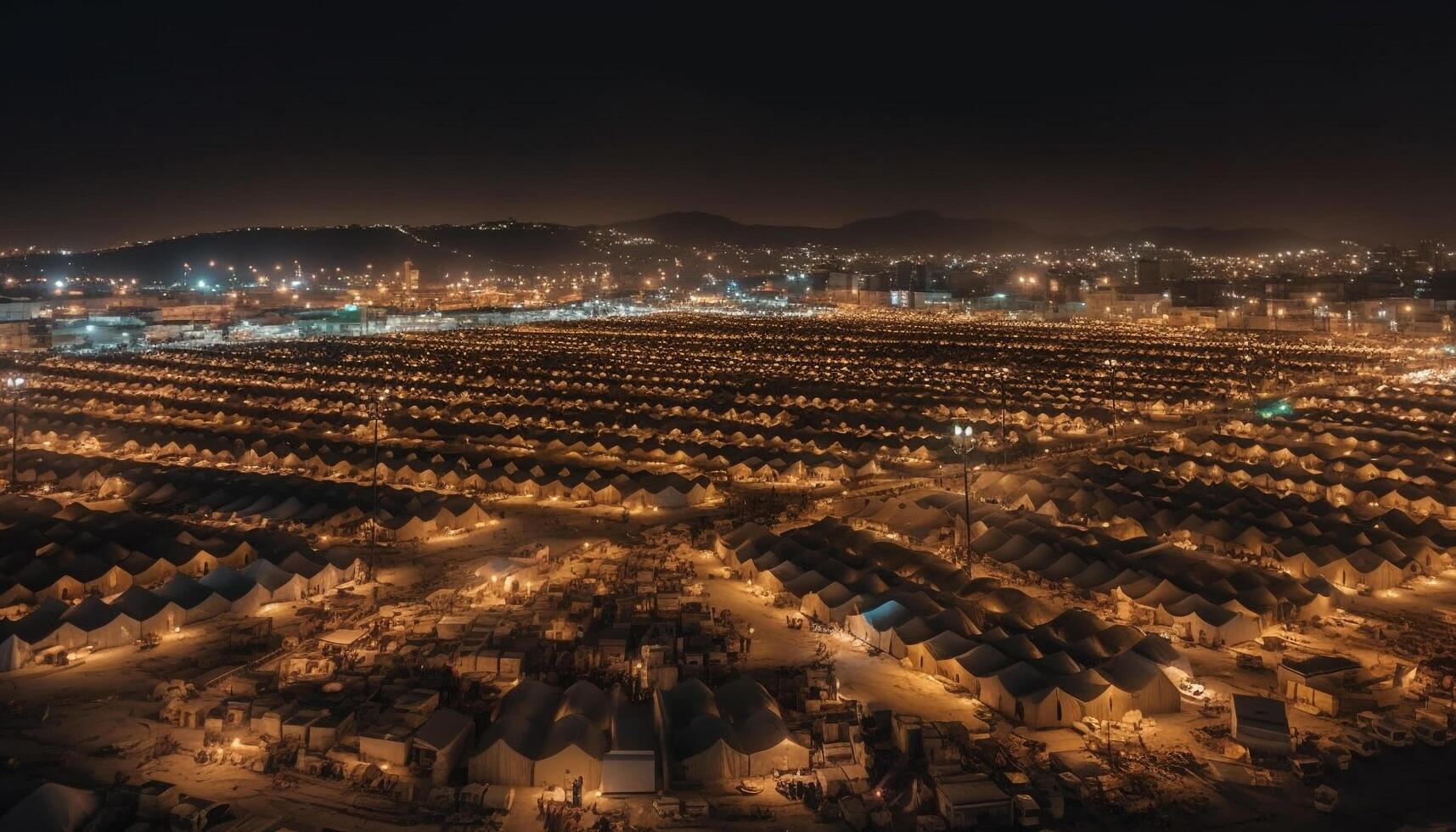 Glowing city skyline at dusk, no people generated by AI photo