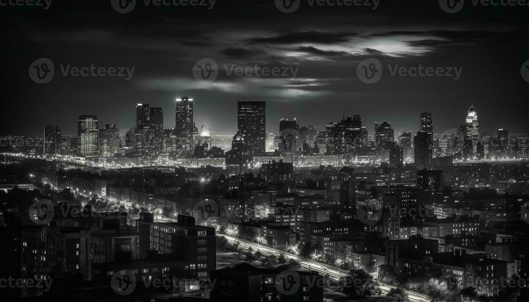 silueta rascacielos iluminar concurrido ciudad calles a crepúsculo generado por ai foto