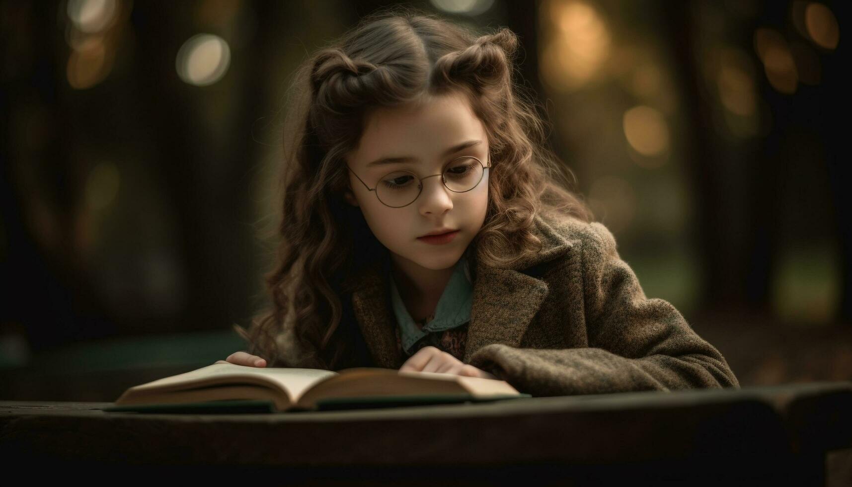 uno linda niña leyendo libro al aire libre, sonriente generado por ai foto