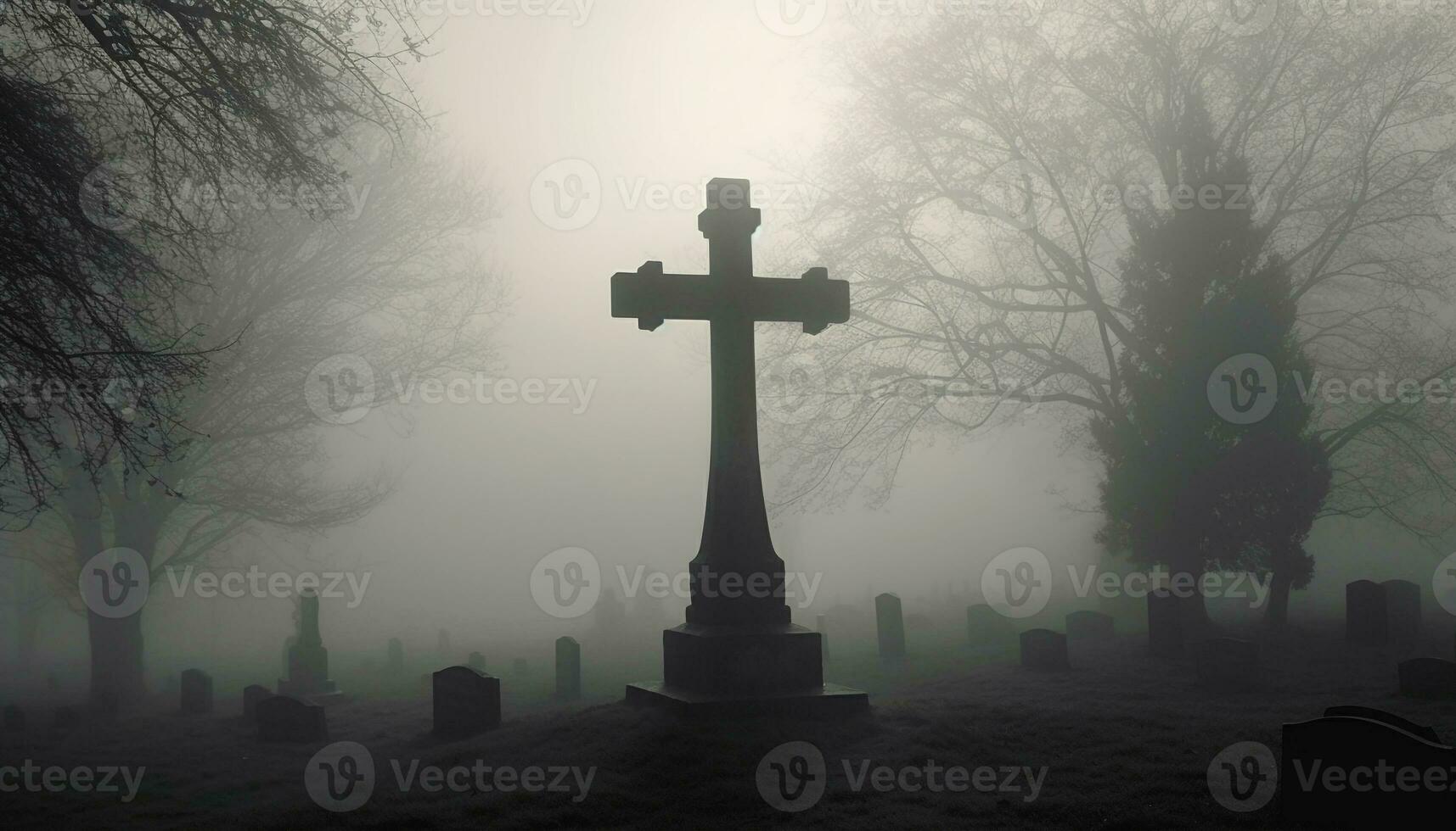 Silhouette of cross on tombstone in fog generated by AI photo