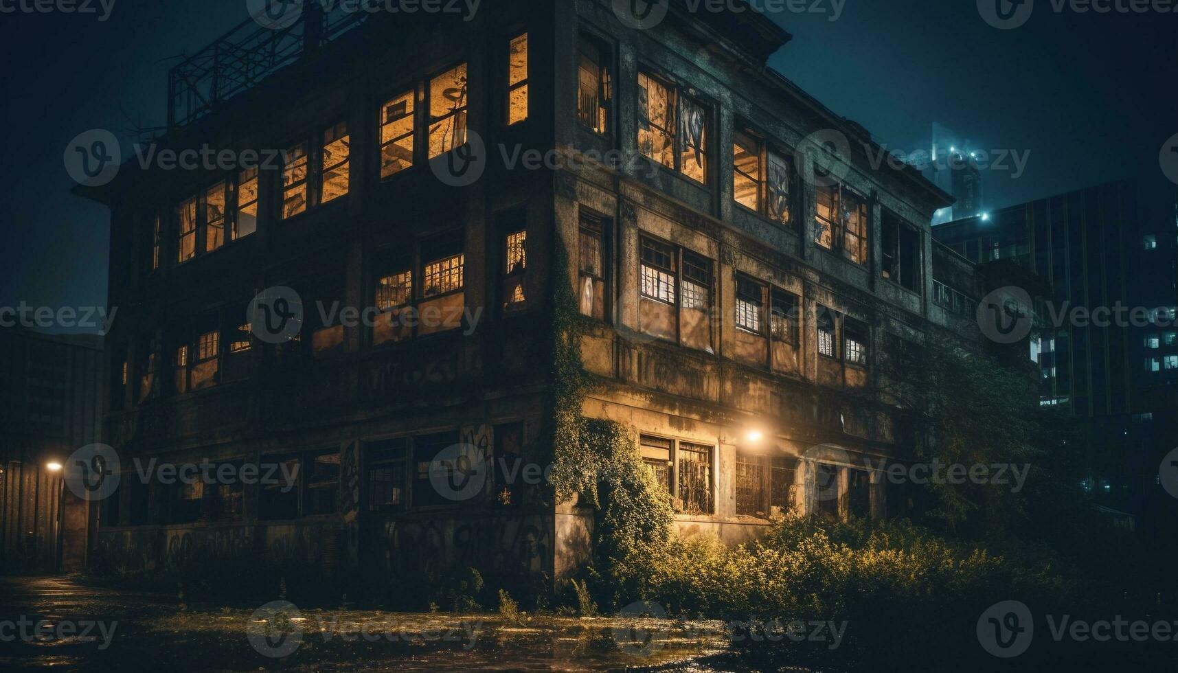 Spooky skyscraper illuminates abandoned city life at night generated by AI photo
