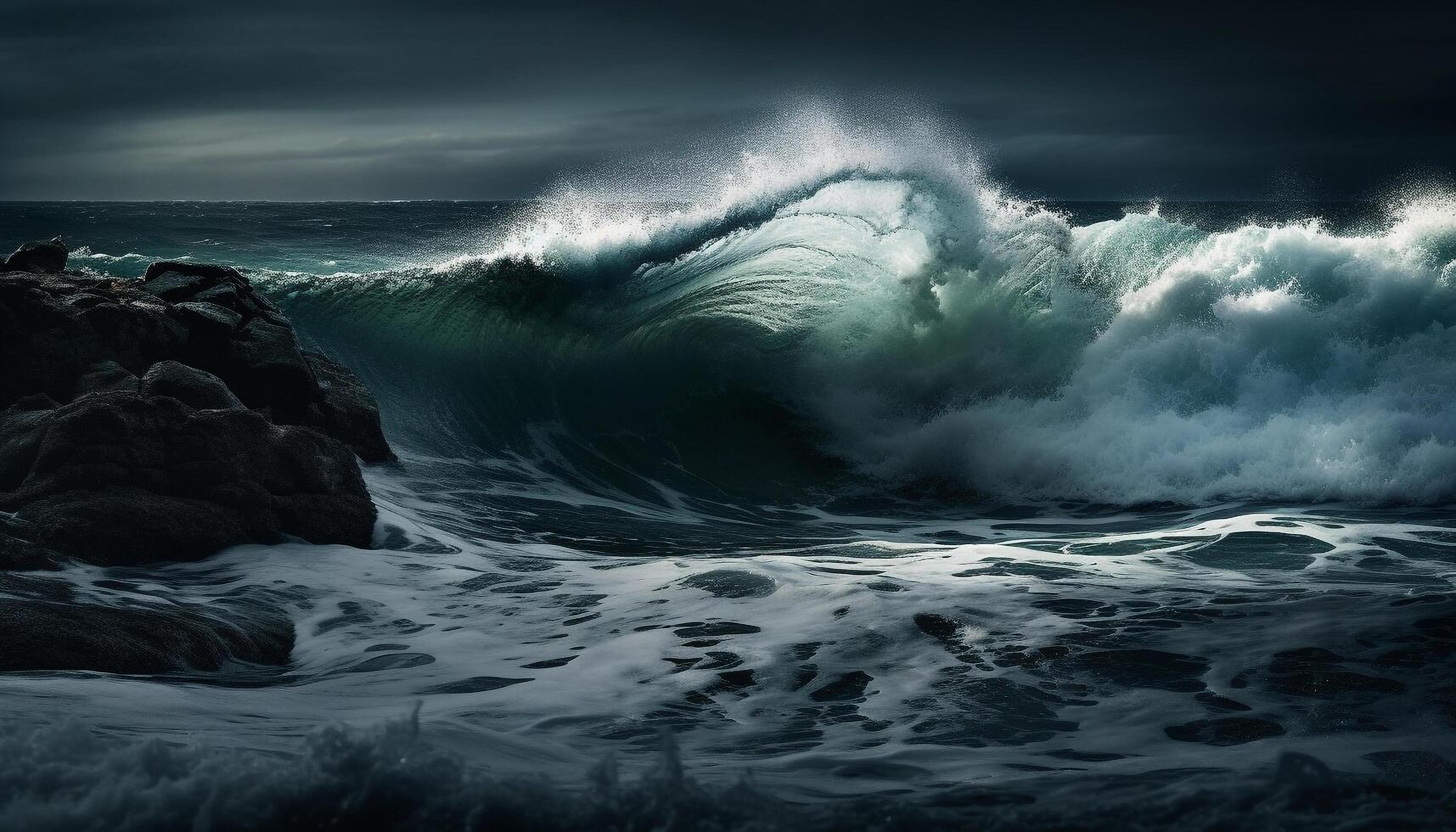 Breaking waves crash on majestic coastline at dusk generated by AI photo