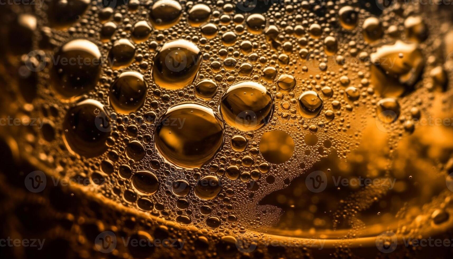 Golden beer bubbles reflect on wet surface generated by AI photo