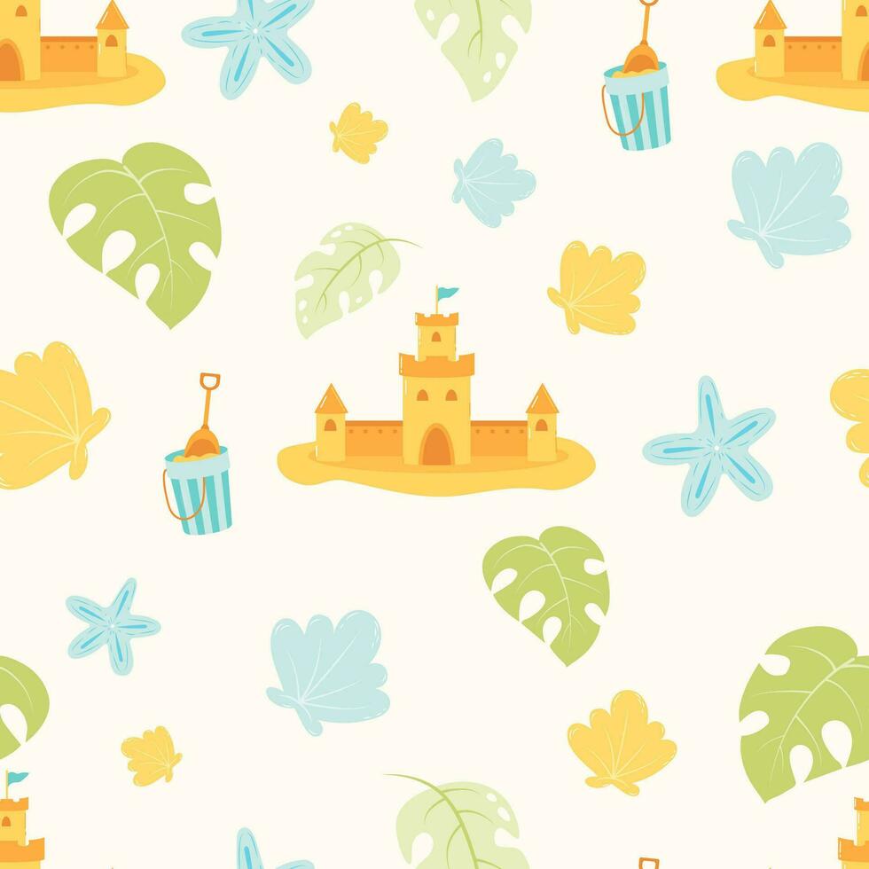 verano sin costura modelo con arena castillo, conchas, corales en blanco antecedentes. vector ilustración en plano estilo para diseño, fondo de pantalla, envase papel, tela.