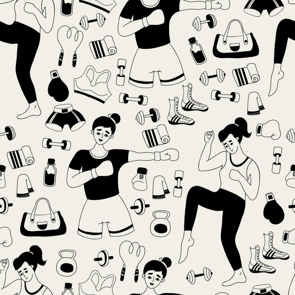 Seamless pattern female sport. Cute girls sportswomen boxers, sports equipment, sportswear and shoes on white background. Vector illustration in doodle hand drawing style.