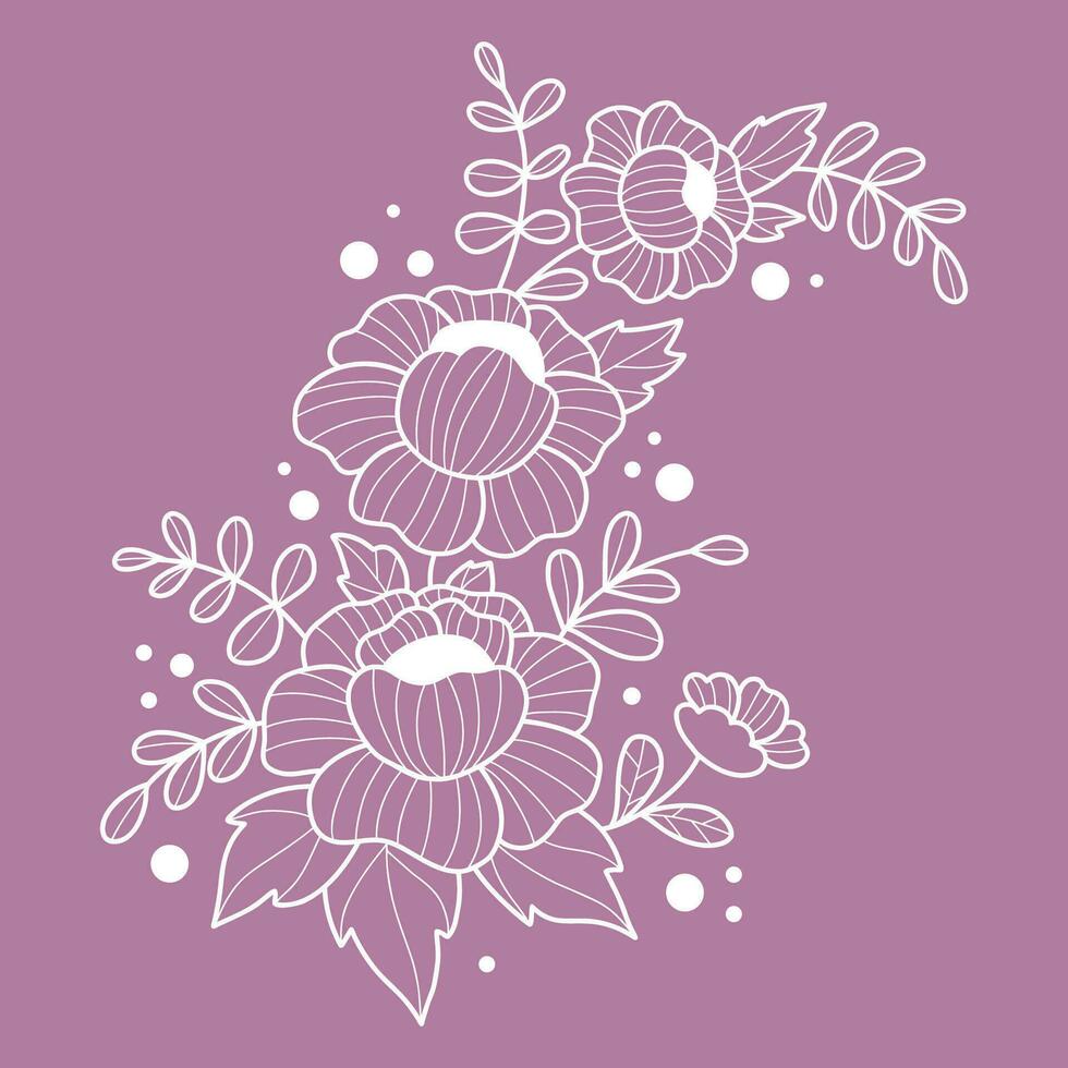 Flowers and branch outline hand drawn. Vector illustration. Linear openwork floral arrangement of flowers and leaves for design and decor.