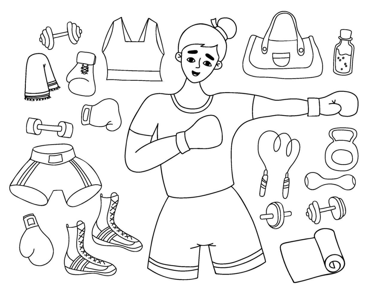 Outline doodles female sports. Happy woman boxer, sports equipment and kettlebell, boots, sportswear, jump rope and dumbbells, mat and boxing gloves. Isolated linear vector drawings for design.