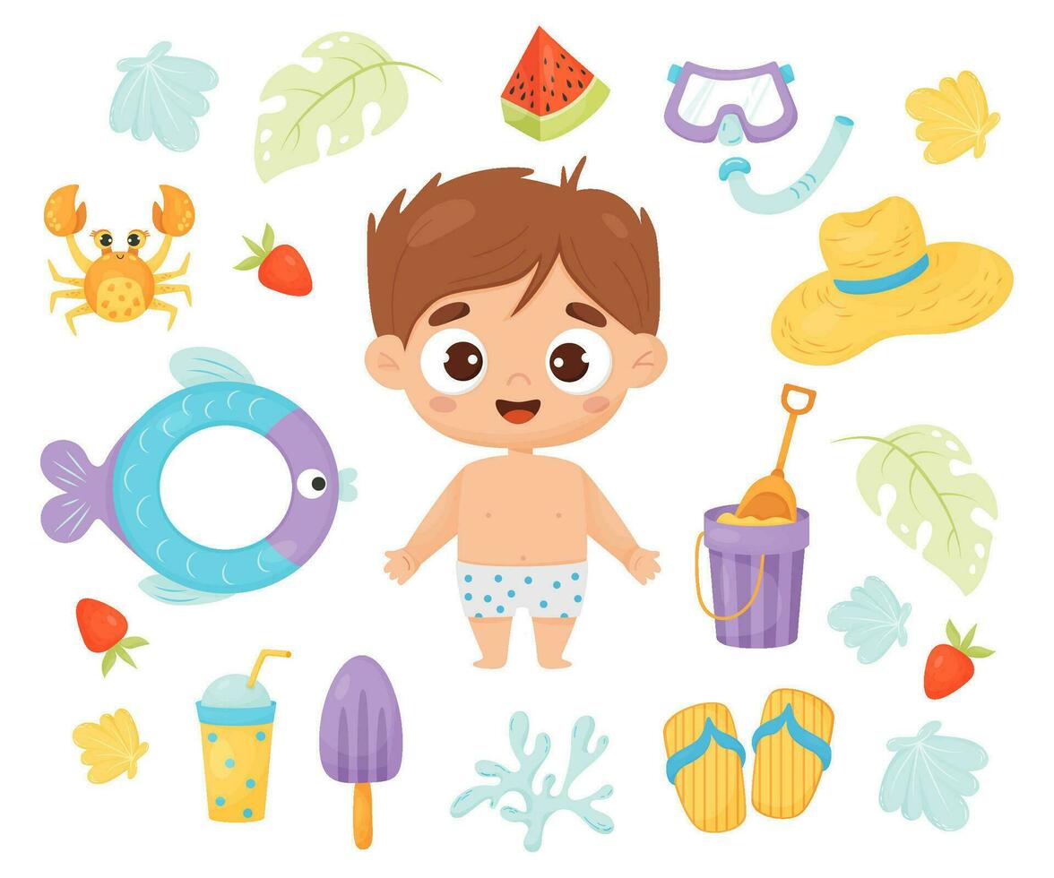 Kid summer time. Happy boy beachgoer with beach accessories, rubber circle, ice cream, cocktail, watermelon, sand bucket, straw hat, crab and shells. Isolated vector illustration in cartoon style.