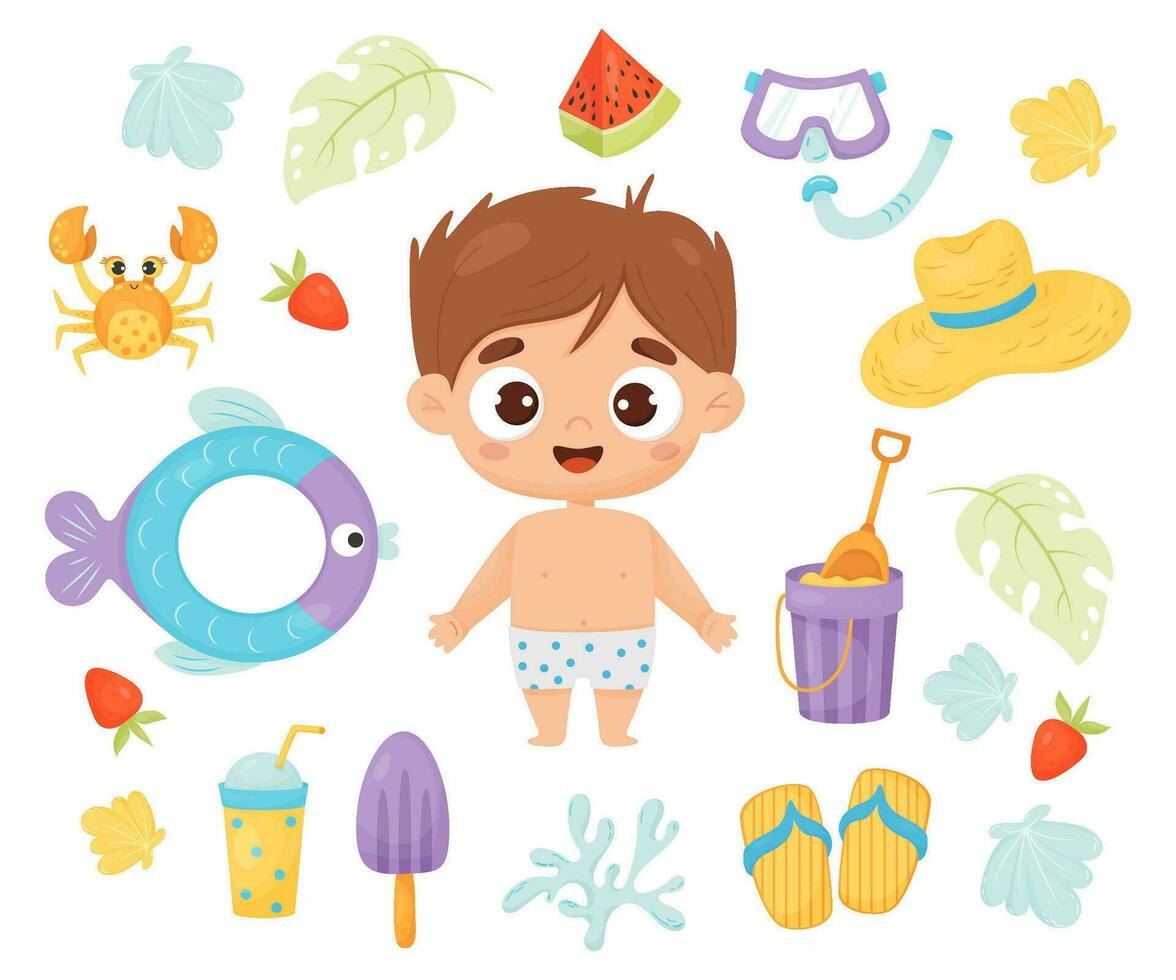 niño verano tiempo. contento chico bañista con playa accesorios, caucho círculo, hielo crema, cóctel, sandía, arena balde, Paja sombrero, cangrejo y conchas aislado vector ilustración en dibujos animados estilo.