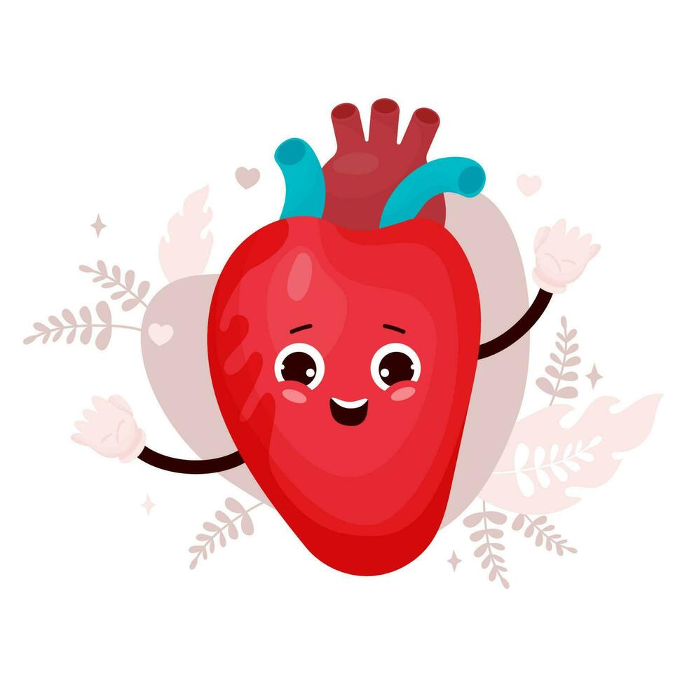 Cute cartoon smiling healthy heart character. Funny happy human cardiology organ. Vector illustration in flat cartoon style for design and decoration of medical themes, childrens collection.