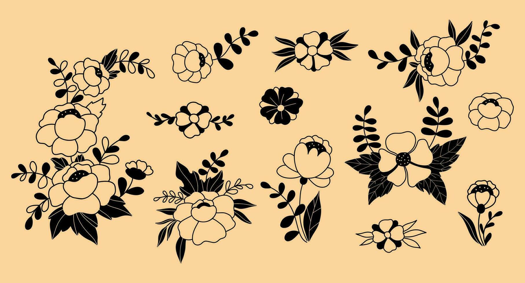 Collection flowers and branches doodles. Vector illustration. Isolated hand drawn plants