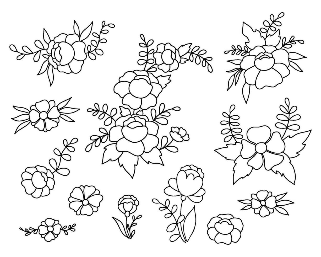 Collection outline flowers and branches. Vector illustration. Isolated linear hand drawn plants.