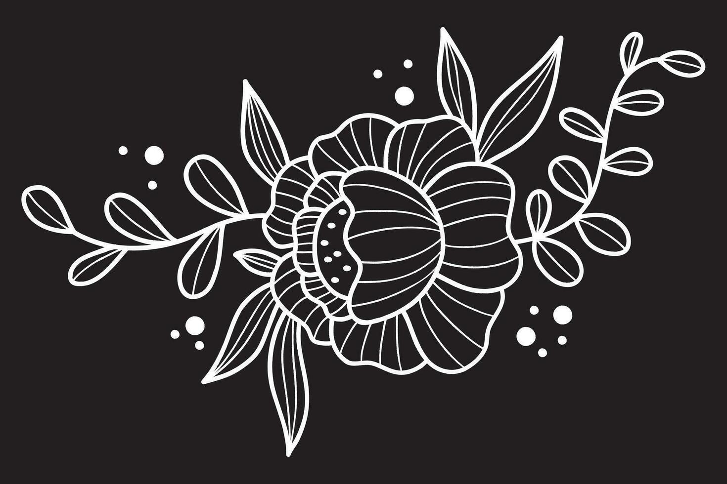 Flower and leaves outline. White chalk line flower arrangement on black background. Vector illustration. Linear openwork floral hand drawn for design and decor.