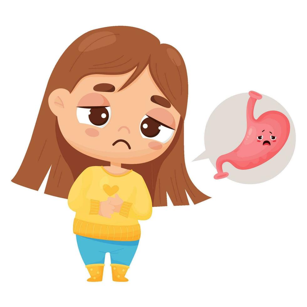 Suffering girl on abdominal pain. Child is holding belly. Pain in stomach. Vector illustration. Sad female character and sick organ in cartoon style for kids collection, medical anatomic theme design.