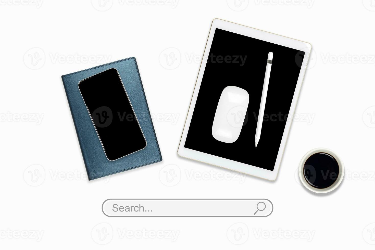 High angle view of a setting table with digital equipment and accessories of business workplace on modern background. photo