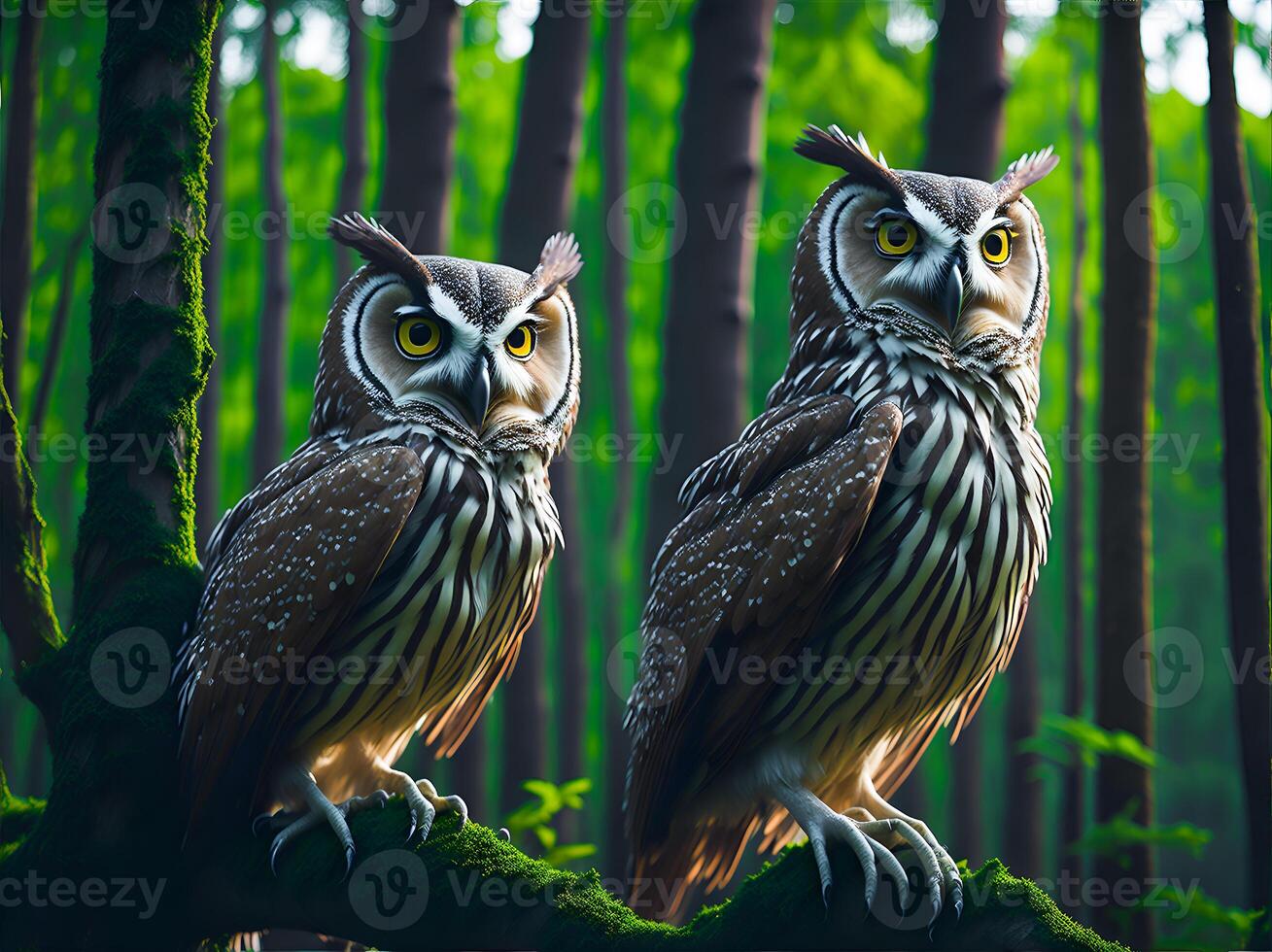 Two owls are sitting on a branch in the forest. photo