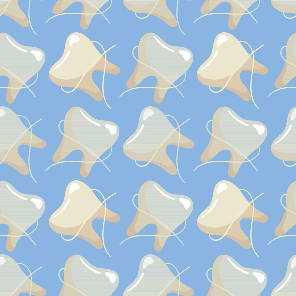 A pattern of simple clean teeth with dental floss. Dental treatment. Topic Flossing teeth. Cartoon vector illustration. Blue background for printing on fabric and wrapping paper. Seamless pattern