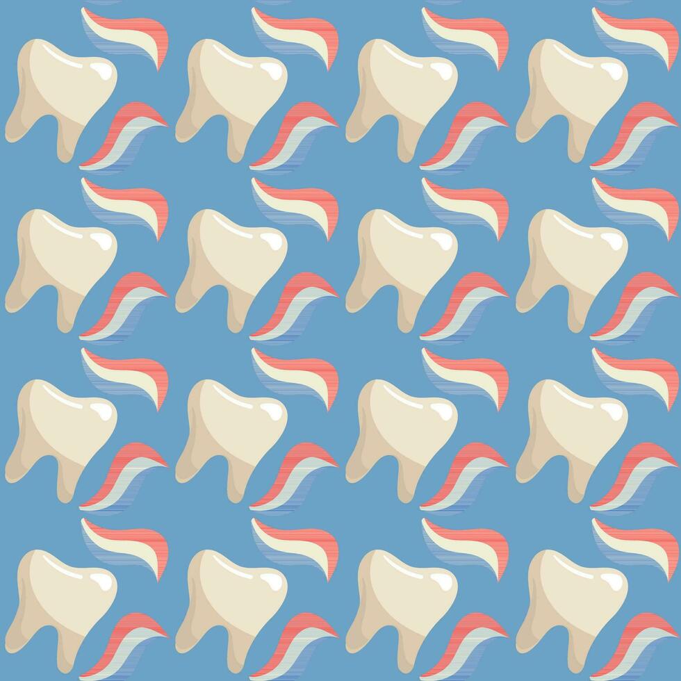 A pattern of simple clean teeth and toothpaste. Brushing your teeth. Topic brushing teeth with toothpaste. Cartoon vector illustration. Blue background for printing on fabric and wrapping paper