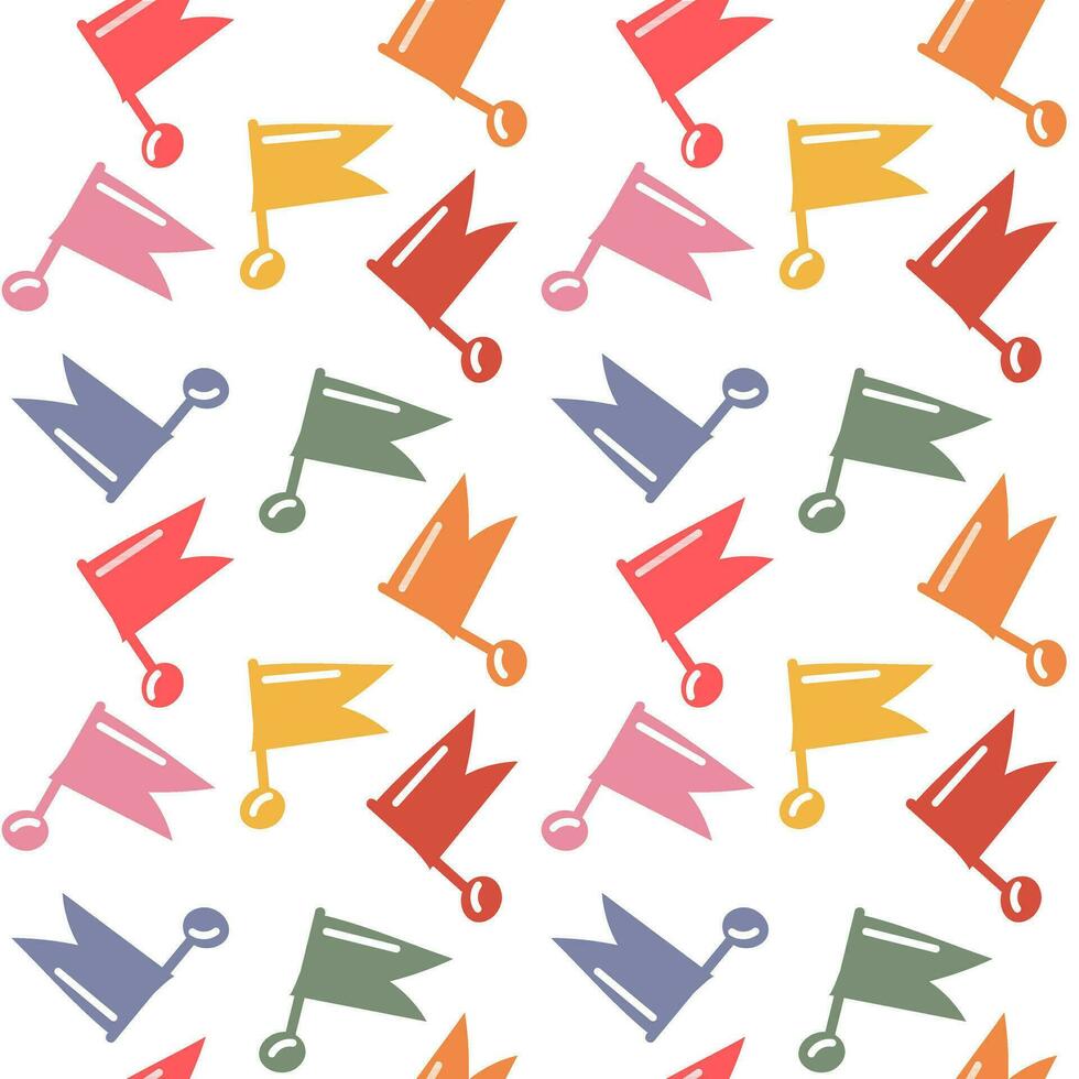 A pattern of colored square flags for a holiday with sticks and fasteners. Scattered flags for a festive background. Flags from the garland scattered on the white floor. Birthday Package Printing vector