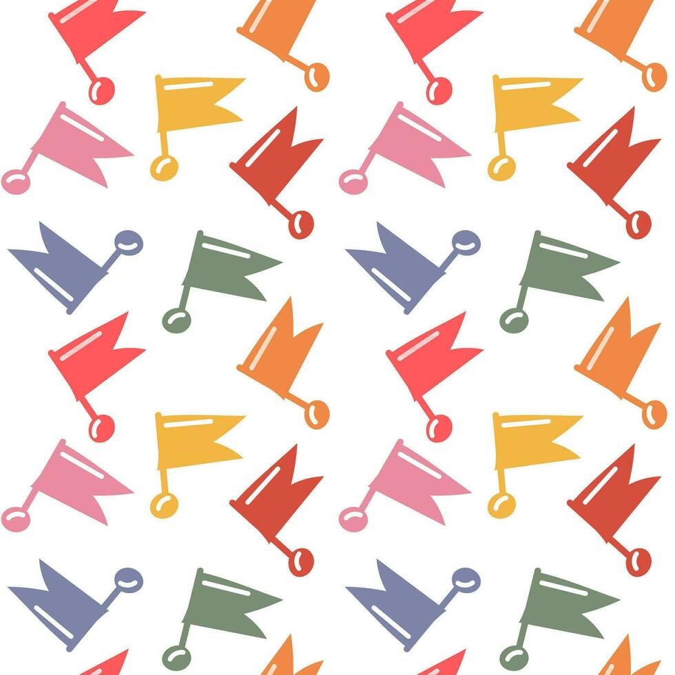 A pattern of colored square flags for a holiday with sticks and fasteners. Scattered flags for a festive background. Flags from the garland scattered on the white floor. Birthday Package Printing vector