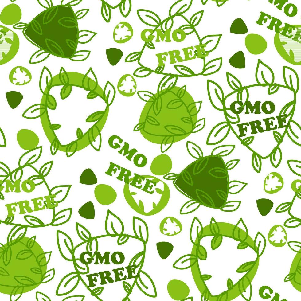 Seamless vector pattern GMO FREE. Non-GMO, organic, eco-friendly, clean, natural products. Color illustration, shades of green. Printing on textiles and paper, for posters, packaging of goods