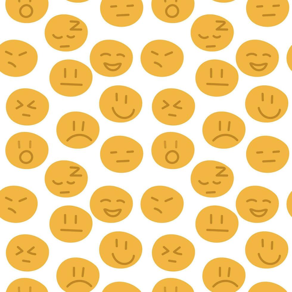 A pattern with emotional yellow circles. Vector smile icon with seamless pattern. Funny vector illustration. Design for fabric, wallpaper or wrapping paper. Ornament for a party on a white background