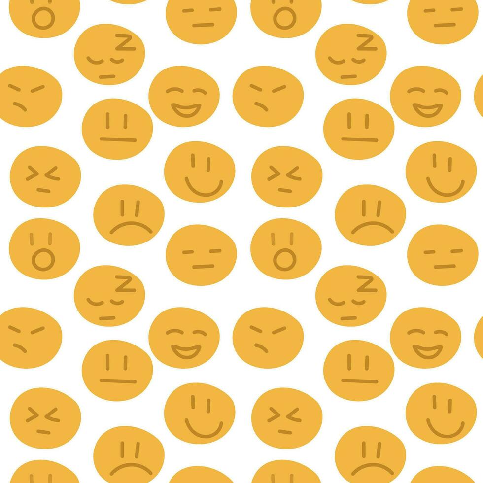 A pattern with emotional yellow circles. Vector smile icon with seamless pattern. Funny vector illustration. Design for fabric, wallpaper or wrapping paper. Ornament for a party on a white background