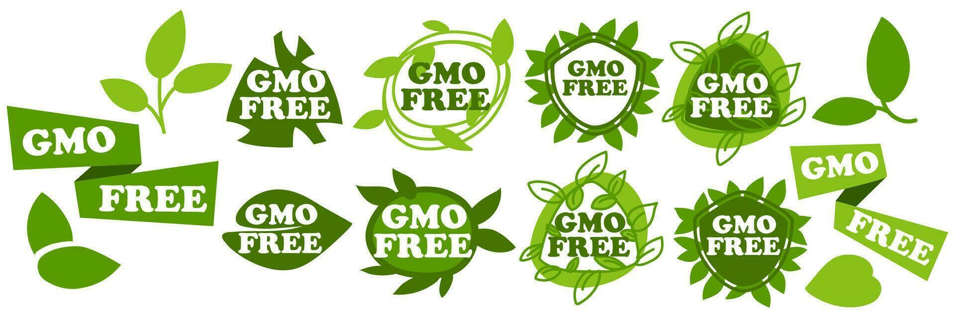 A set of vector green emblems that do not contain GMOs. Various variations of the label, the sign of natural products. Sticker for products grown without chemical additives Label quality naturalness