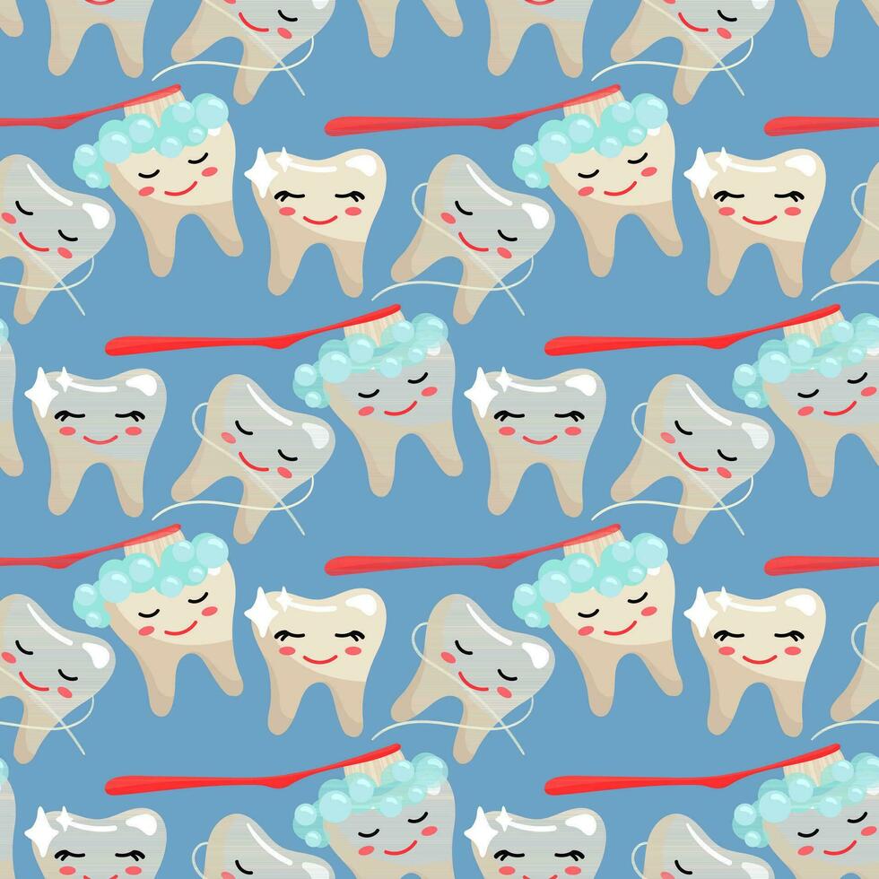 A pattern of funny cute healthy teeth with flossing and a toothbrush. Topic brushing teeth. Funny vector illustration. Blue background for the dental. Printing on textiles and paper. Cartoon ornament