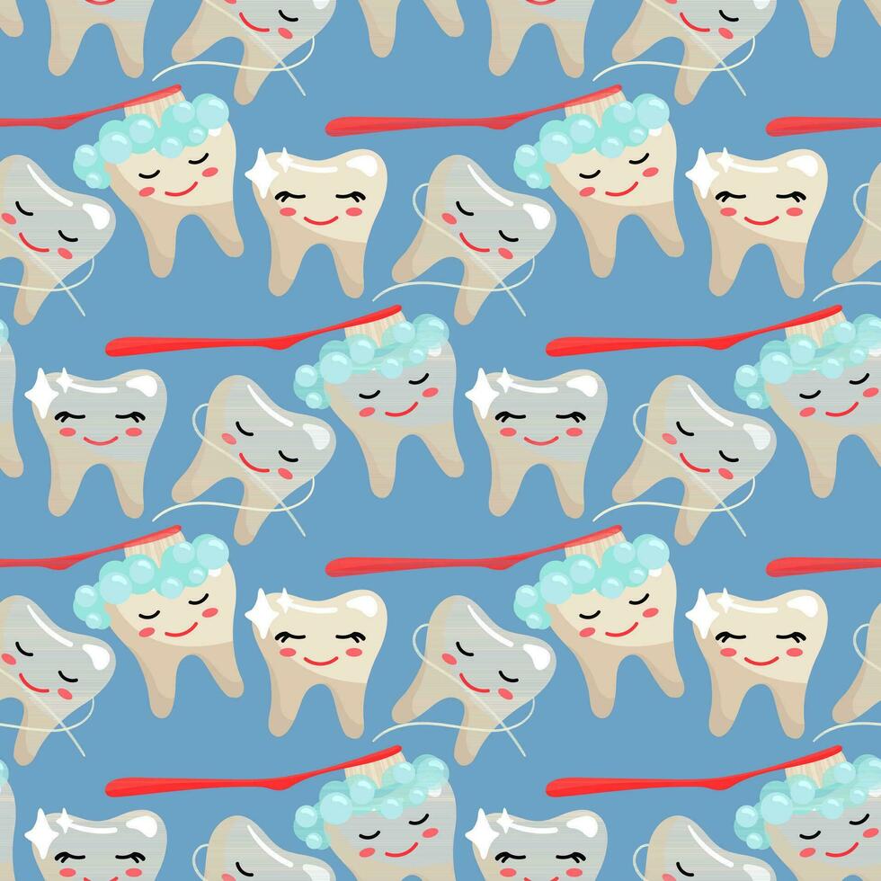 un modelo de gracioso linda sano dientes con limpieza con hilo dental y un cepillo de dientes. tema cepillado dientes. gracioso vector ilustración. azul antecedentes para el dental. impresión en textiles y papel. dibujos animados ornamento