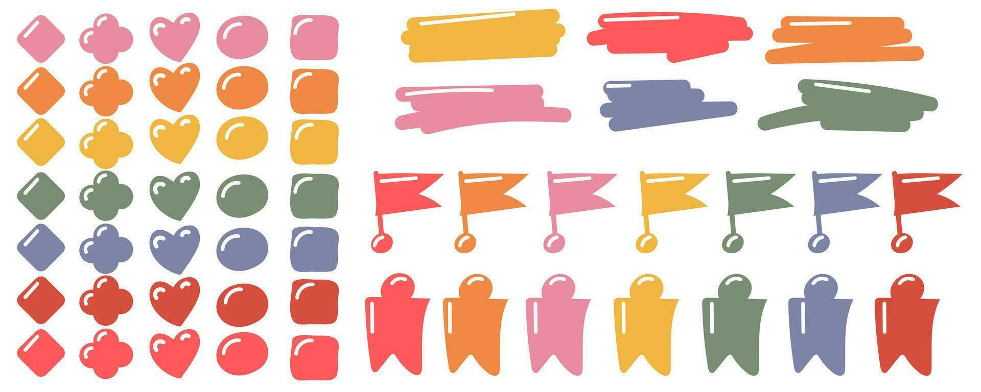 A set of small elements of different shapes with a small volume for selection. Icons of cases in the glider. A set of colored elements for making a list of tasks in a fashionable flat style for glider vector