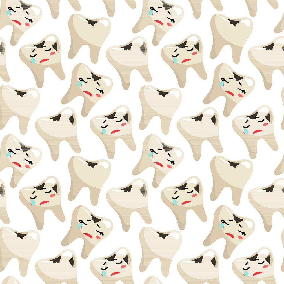 A pattern of sad upset teeth with caries, a boy and a girl crying. The topic is dental caries. Funny vector illustration. White background for tablecloth, fabric, wrapping paper. Seamless cartoon