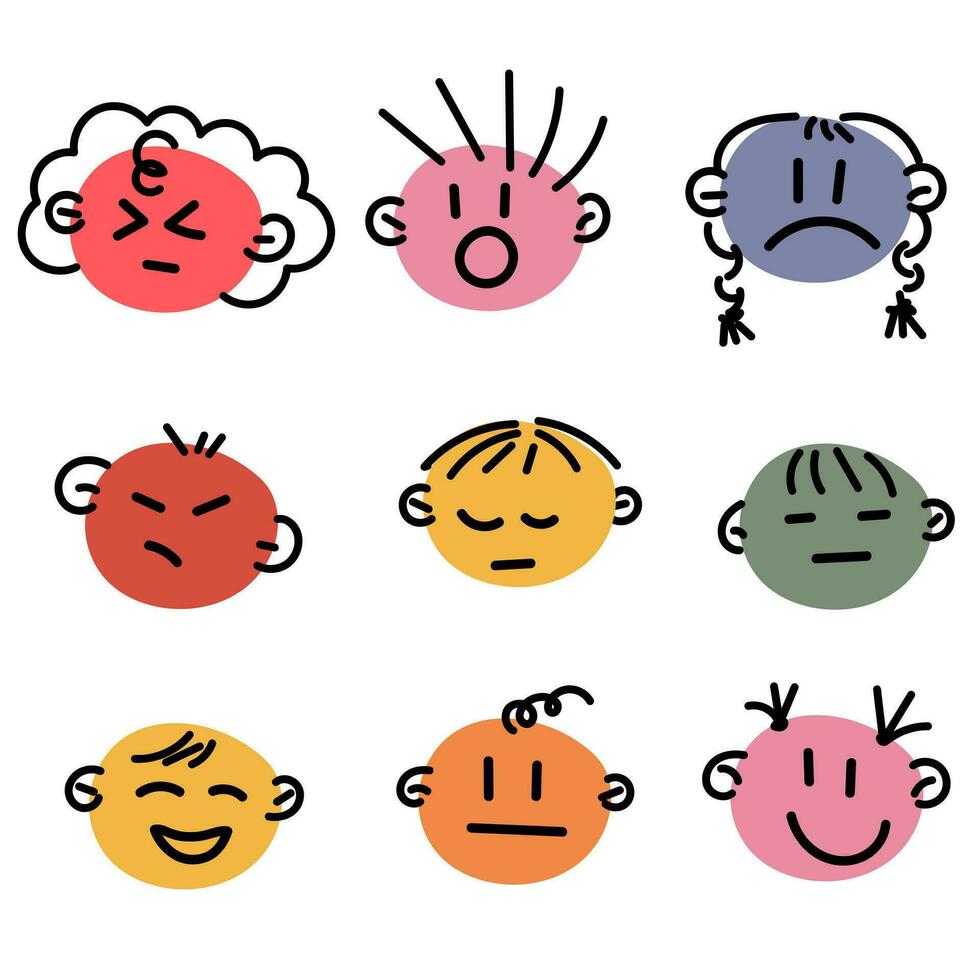 A set of round abstract faces with different emotions and hairstyles. Different colorful characters. Cartoon, flat style. Fashionable vector illustration of a hand-drawn face for a daily planner.