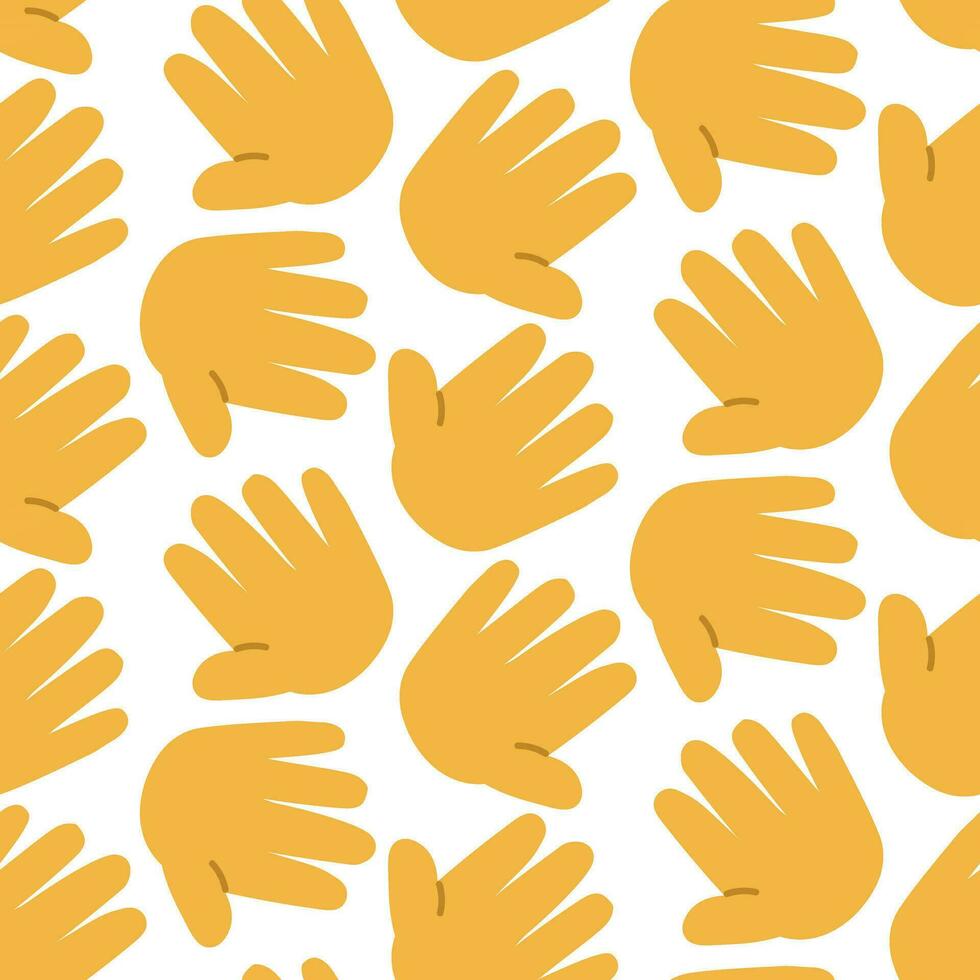 A pattern with a large yellow rounded cartoon hand that shows the palm. Give me five. Greetings, support. Lots of hands. Trendy print for fabric, paper, wallpaper for smartphones vector