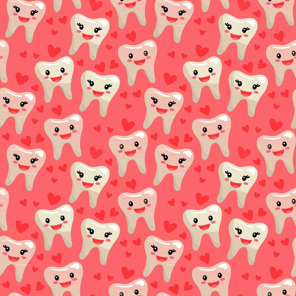 A pattern of funny cute healthy teeth with hearts. Theme lovers crooked teeth. Funny vector illustration. Pink background for the dental. Printing on textiles and paper. Cartoon cute ornament