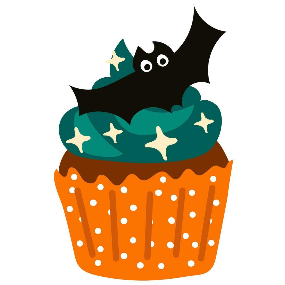 Vector cartoon cupcake with blue cream and a bat in the stars. Cute Halloween pastries. Funny autumn cartoon dessert for Halloween. Drawing for postcards, party invitations