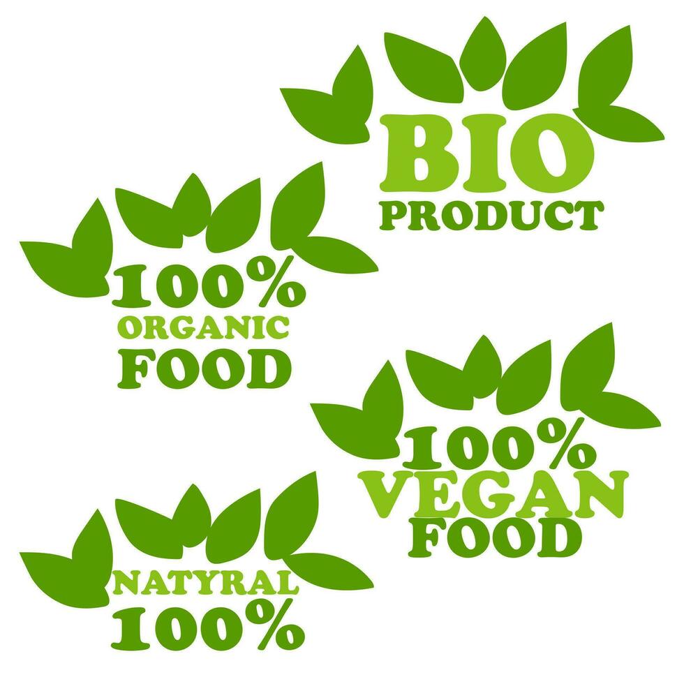 Organic natural bio labels icon set, healthy food icons, 100 organic food, fresh organic vegetarian food. Vector illustration. Printing on packaging for goods in stores. A sign of naturalness. Leaves
