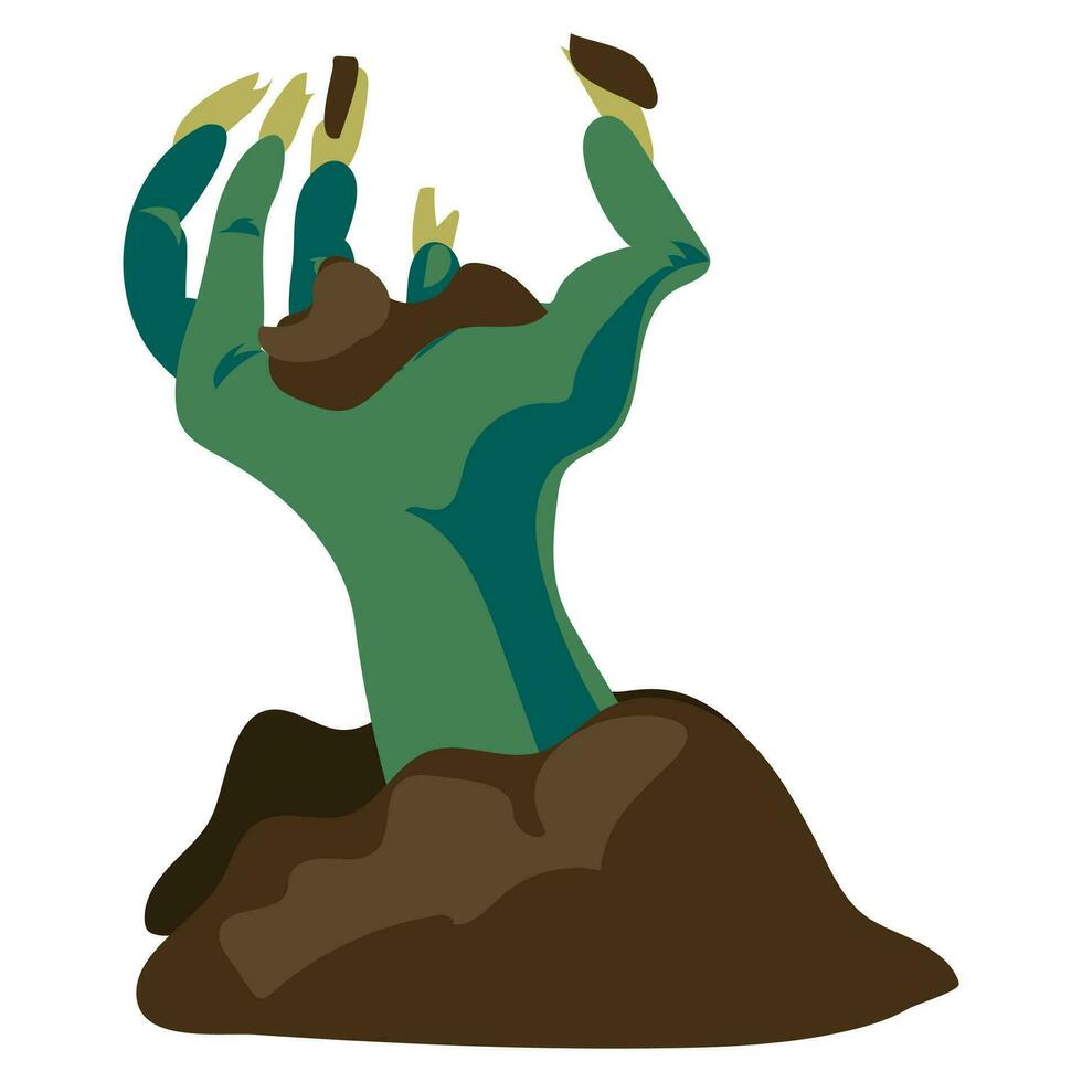 Scary zombie hand crawling out of the ground on a white background, Halloween holiday - vector illustration. A green rotten hand in the sand climbs out of the grave. Scary and broken