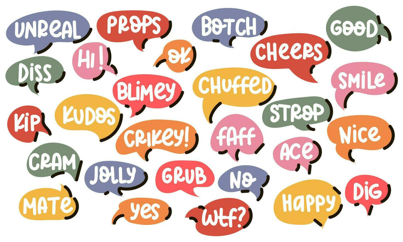 A set of speech bubbles of different colors and shapes with youth inscriptions. Stickers to indicate the mood. Collection of stickers in the form of clouds with text for a diary, a glider, records vector