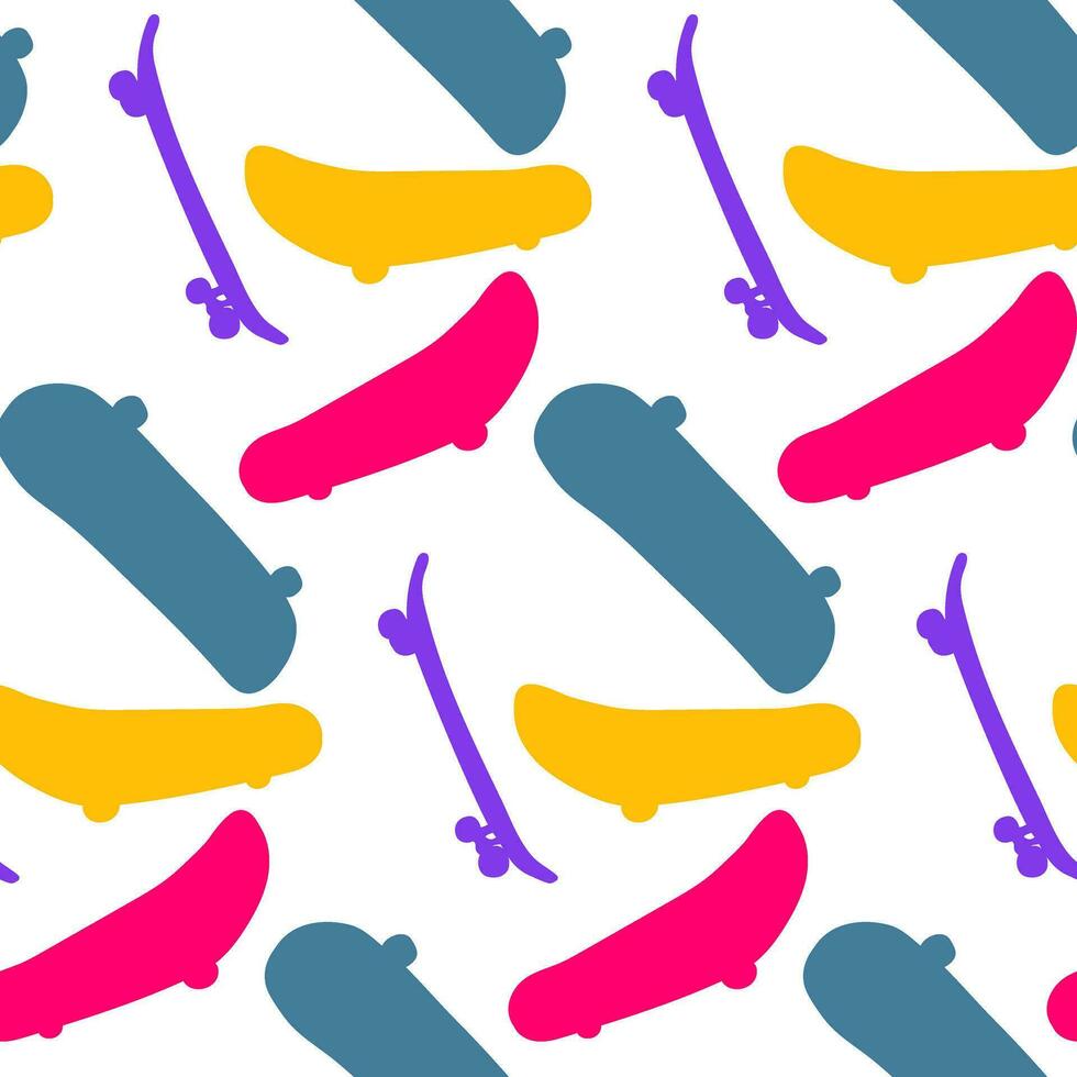 A pattern with colored spots in the form of skateboarding. The texture of the skate background. Illustration of doodles for skateboarding. Vector seamless repeating pattern Printing on textiles, paper