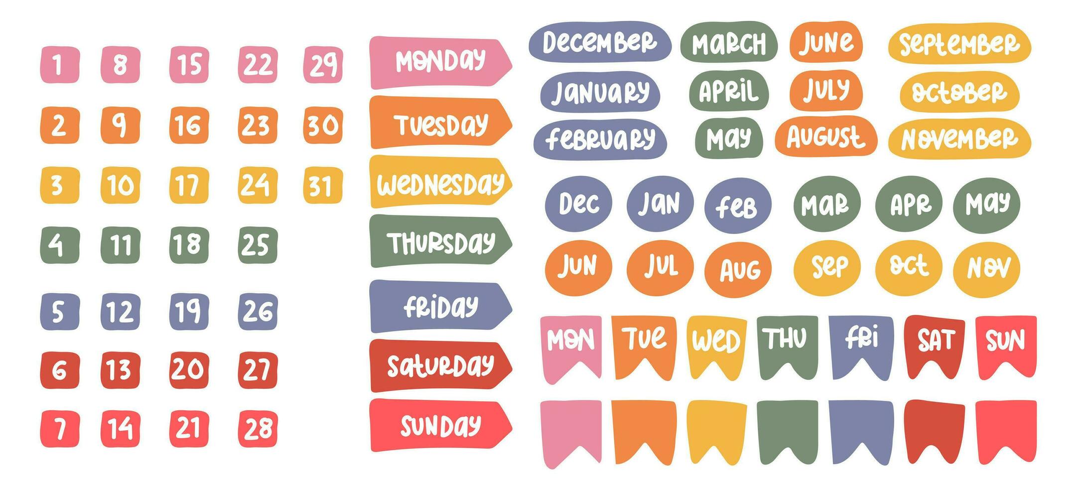 A set of elements with inscriptions of days of weeks full and abbreviated version. Icons of the days of the week. A set of calendar icons for every day of the week in a fashionable flat style vector