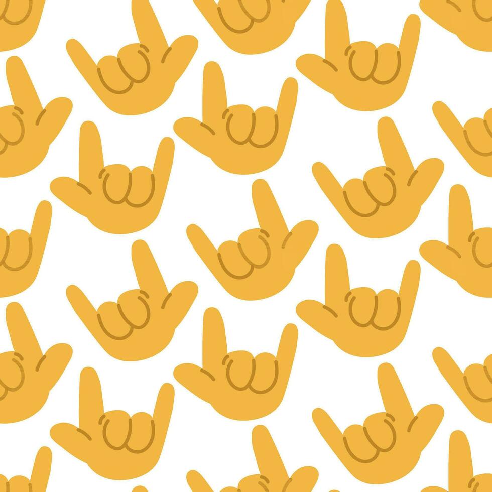 A pattern from the American sign language I love you. Yellow rounded cartoon hands, show the sign. Lots of hands. Trendy print for fabric, paper, wallpaper for smartphones. vector