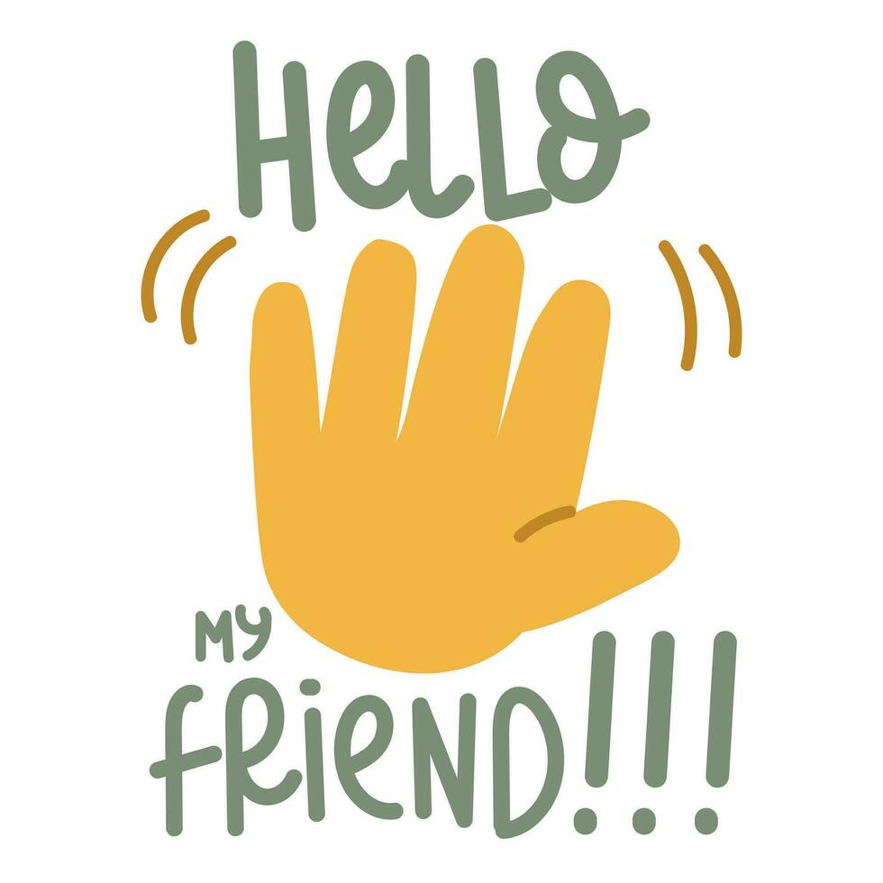 A banner with an illustration of a large cartoon hand, which depicts a welcome sign. The open palm waves in greeting, goodwill. Intensive hand movement Hello, my friend. Square inspirational banner vector