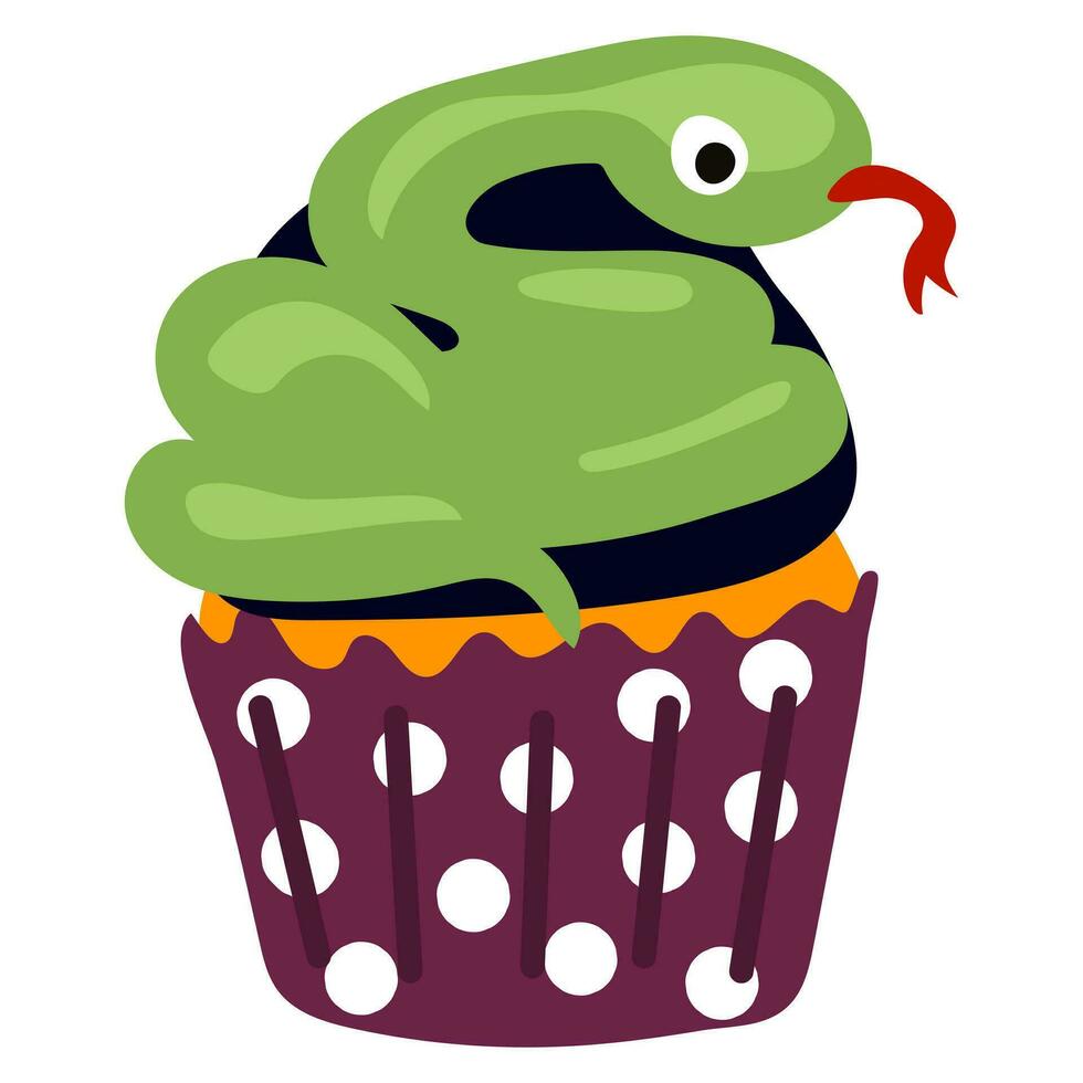 Vector cartoon cupcake with cream in the form of a green snake. Cartoon Halloween theme for kids. Funny autumn cartoon dessert for Halloween. Drawing for postcards, party invitations