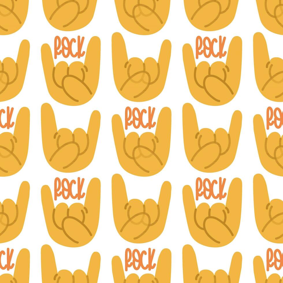 A pattern with a rock and roll hand sign icon. Cartoon yellow hands in a row with a rock sign on a white background with text. Printing on textiles and paper Background for a concert in a simple style vector