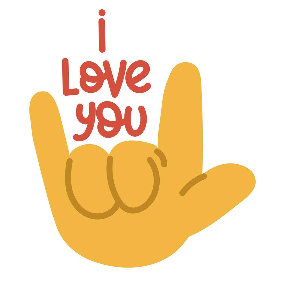 A banner with an illustration of a large cartoon hand, which depicts the sign I love you. Palm with open fingers thumb, index finger and little finger - as a sign that I love you. square banner vector