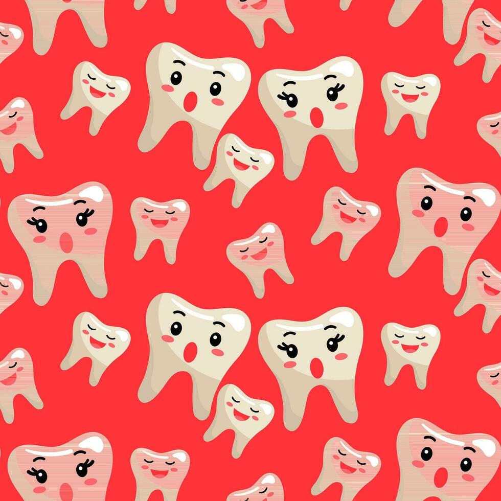 A pattern of cheerful surprised healthy teeth, mom, dad and baby. The topic is the growth of teeth. Funny vector illustration. Red background for the dental. printing on textiles and paper. Cartoon