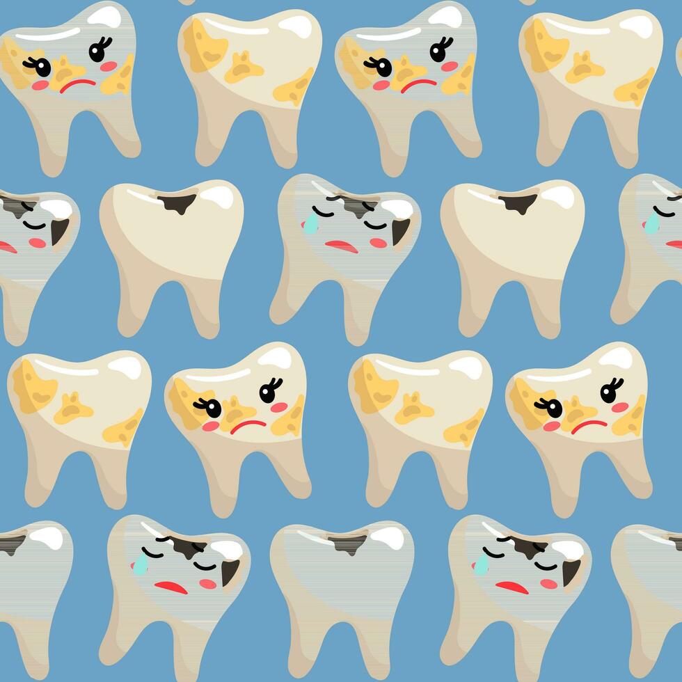 A drawing of sad crying teeth in tartar and caries, a boy and a girl. The topic is tartar. Charming vector illustration. Blue background for postcards, fabric, wrapping paper Seamless cartoon ornament