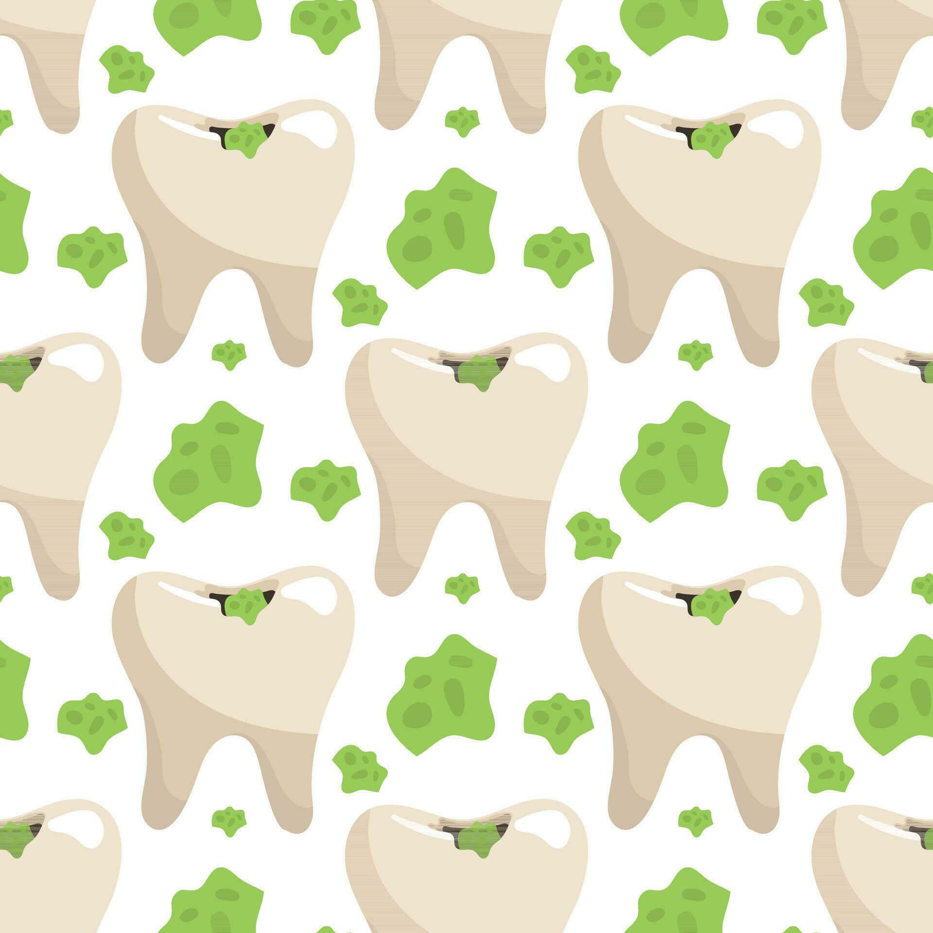 A pattern of simple teeth with caries and stuck food. Dental treatment